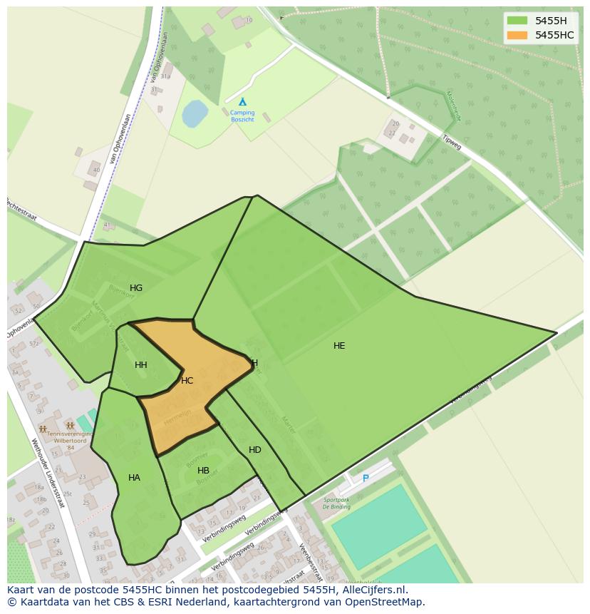 Afbeelding van het postcodegebied 5455 HC op de kaart.