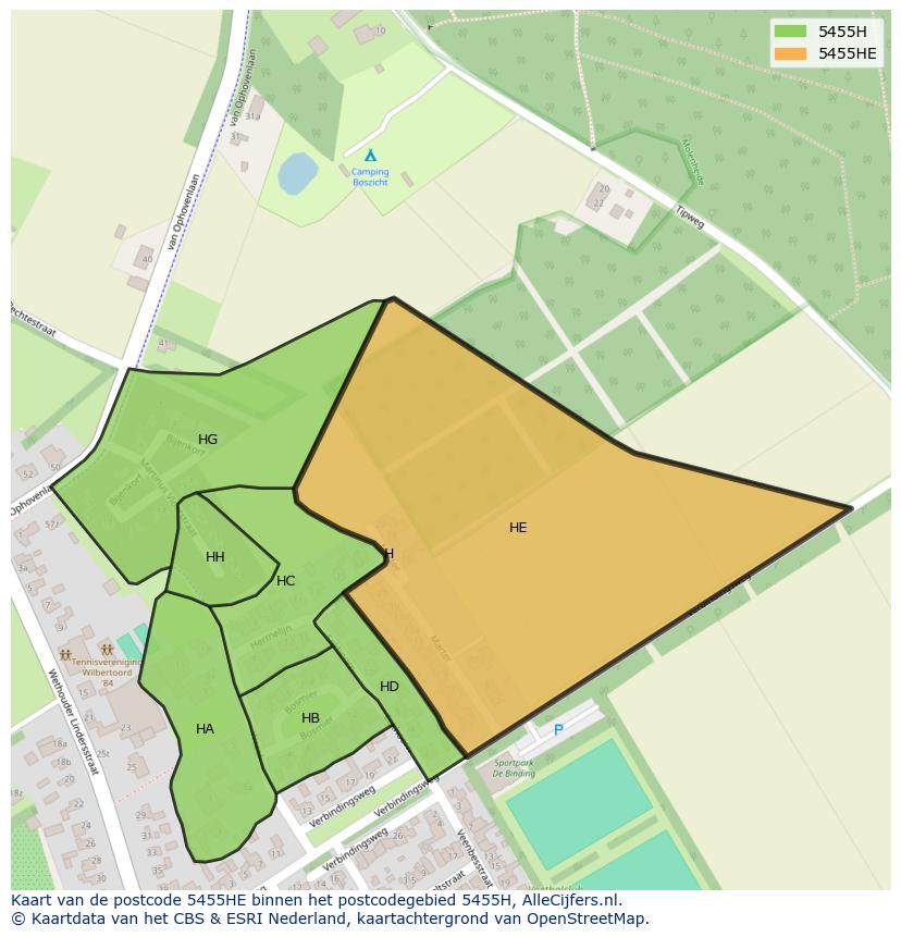 Afbeelding van het postcodegebied 5455 HE op de kaart.