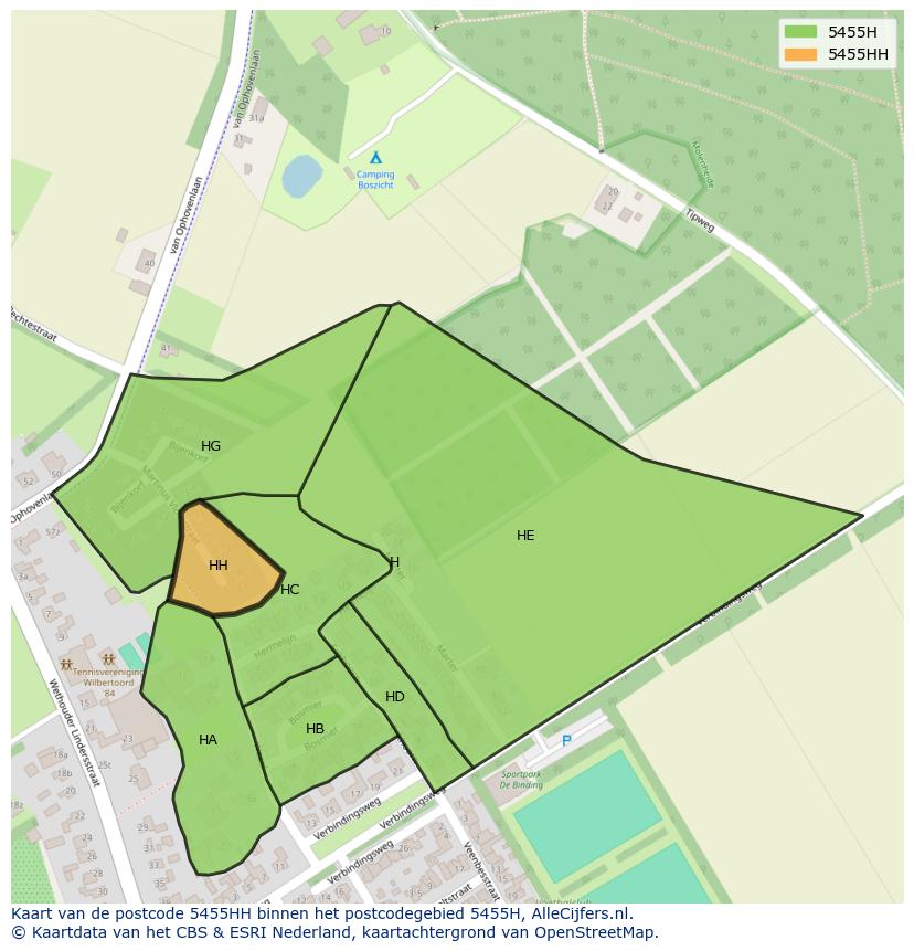 Afbeelding van het postcodegebied 5455 HH op de kaart.