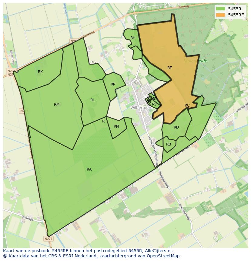 Afbeelding van het postcodegebied 5455 RE op de kaart.