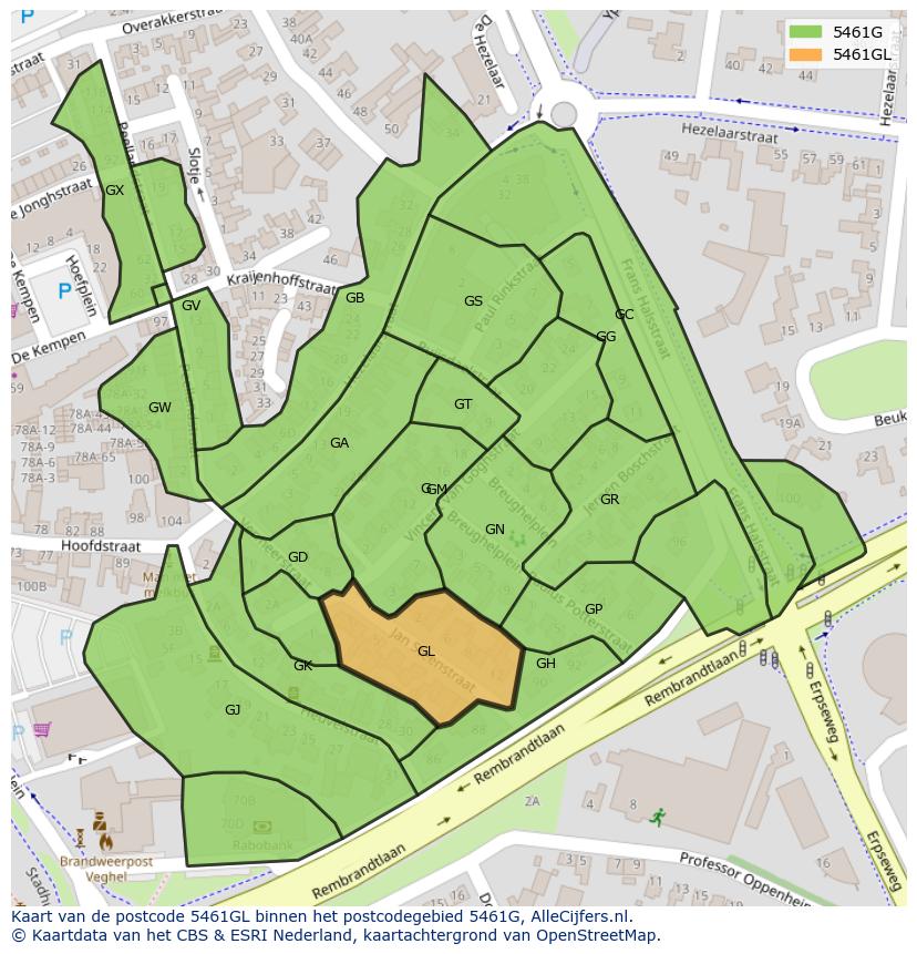 Afbeelding van het postcodegebied 5461 GL op de kaart.