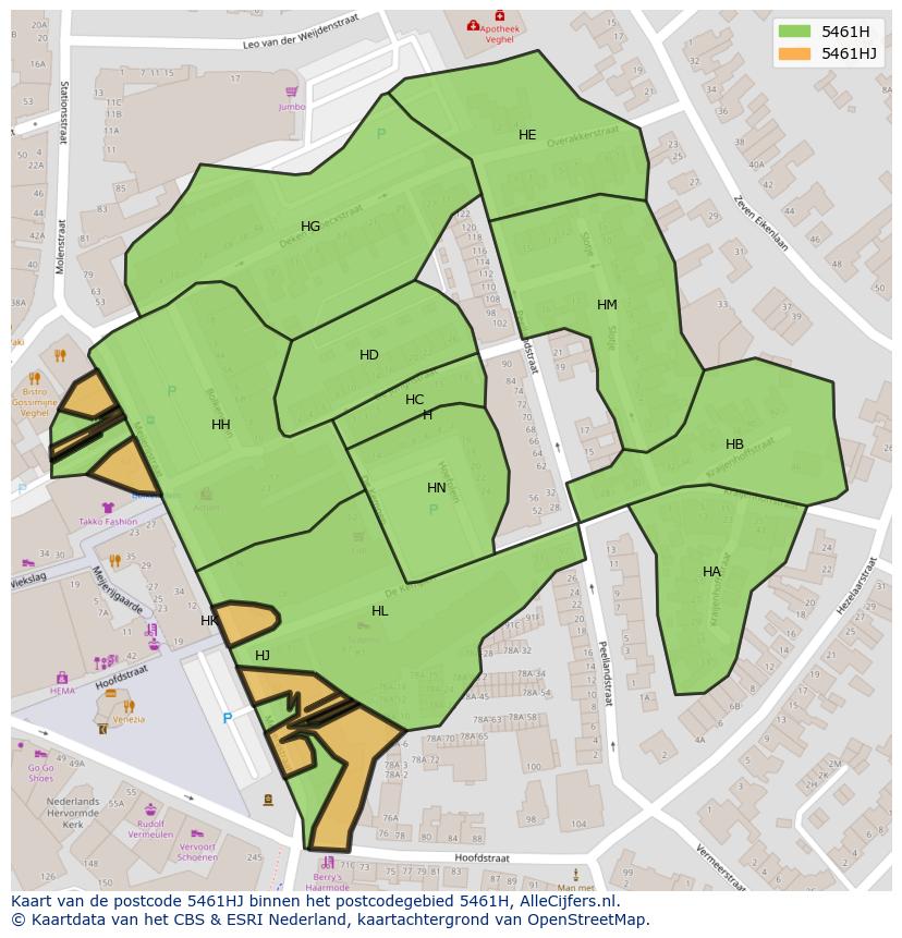 Afbeelding van het postcodegebied 5461 HJ op de kaart.