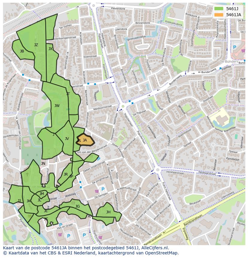 Afbeelding van het postcodegebied 5461 JA op de kaart.