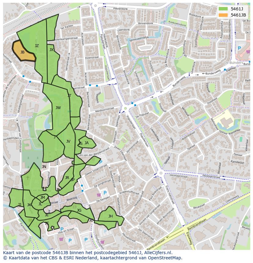 Afbeelding van het postcodegebied 5461 JB op de kaart.