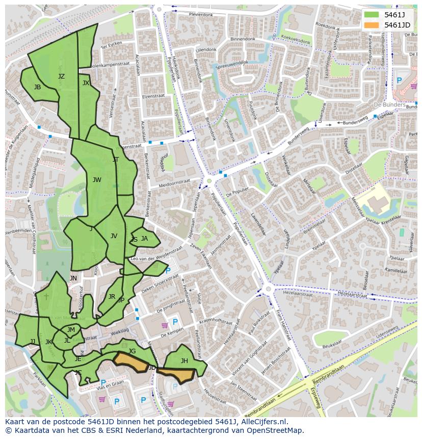 Afbeelding van het postcodegebied 5461 JD op de kaart.