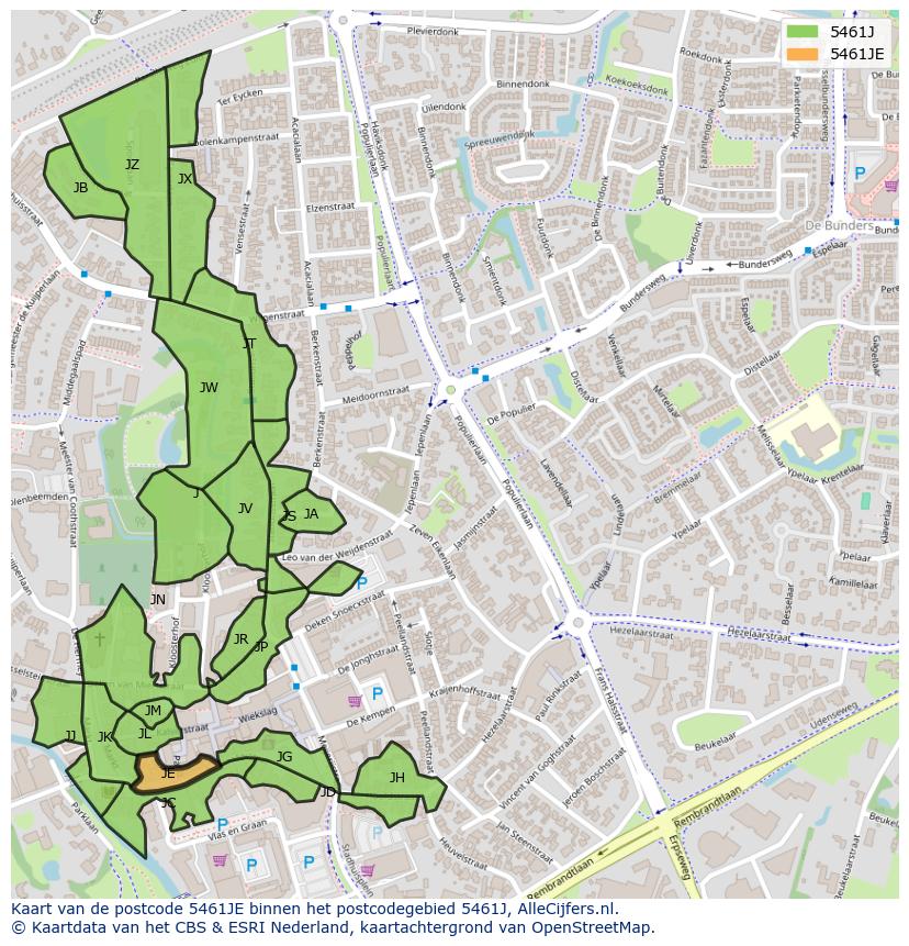 Afbeelding van het postcodegebied 5461 JE op de kaart.