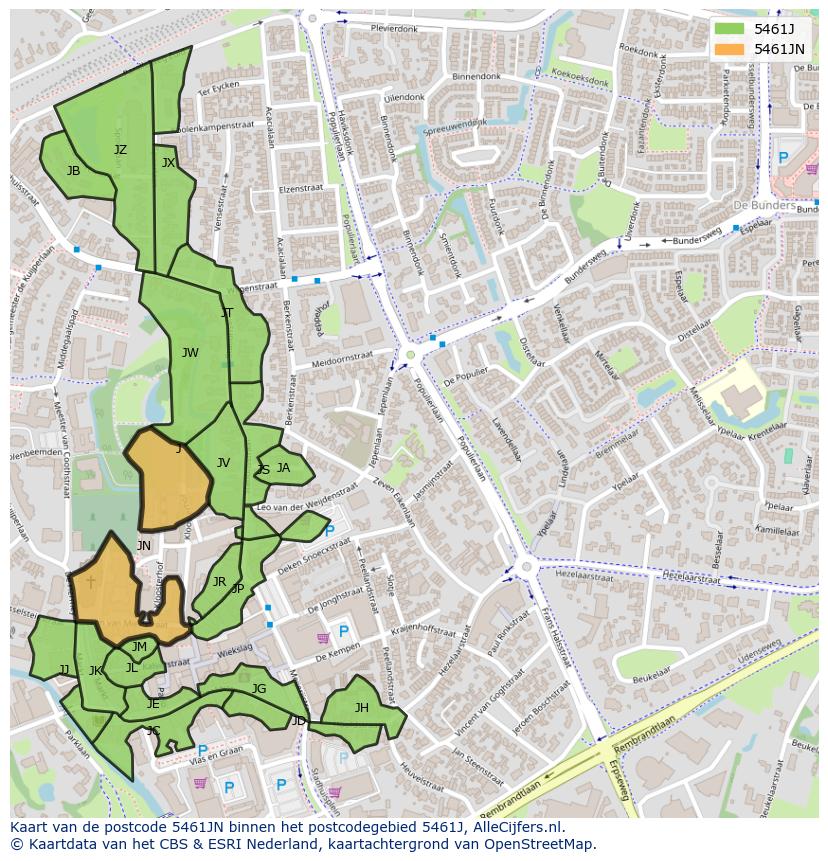 Afbeelding van het postcodegebied 5461 JN op de kaart.