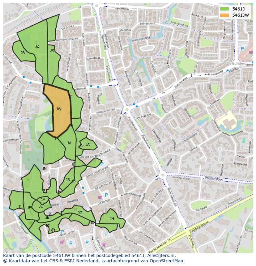 Afbeelding van het postcodegebied 5461 JW op de kaart.
