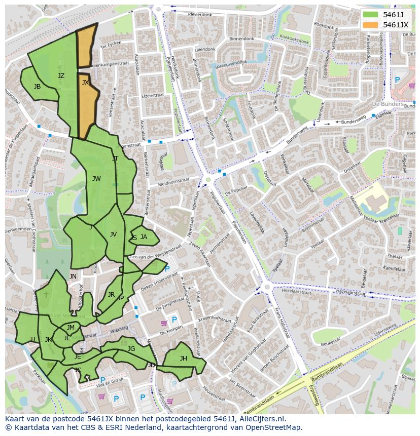 Afbeelding van het postcodegebied 5461 JX op de kaart.