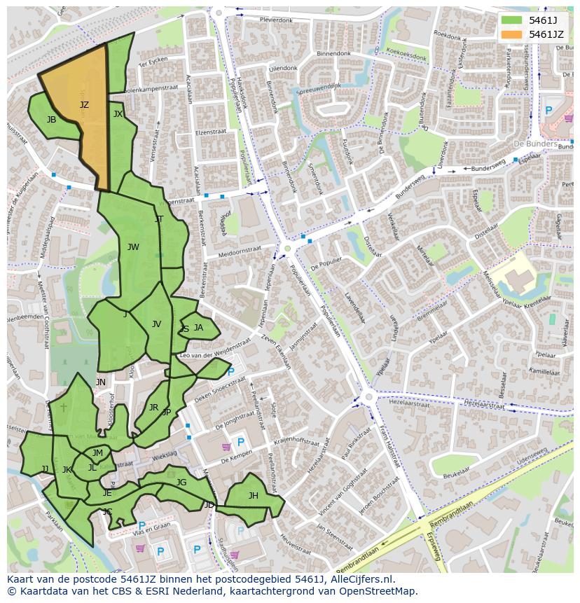 Afbeelding van het postcodegebied 5461 JZ op de kaart.