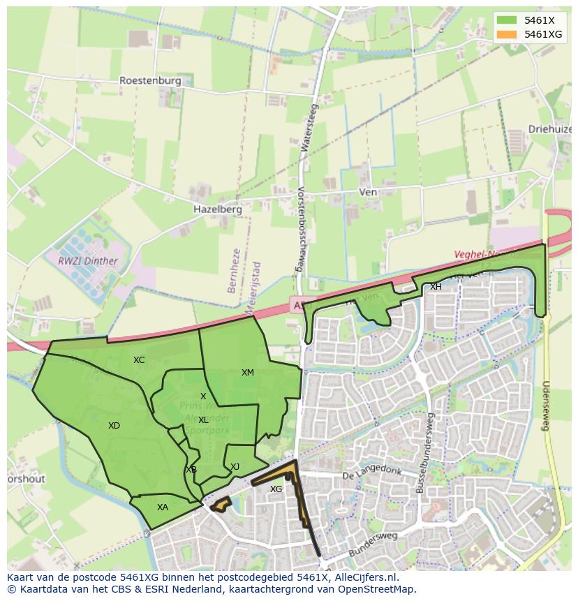 Afbeelding van het postcodegebied 5461 XG op de kaart.
