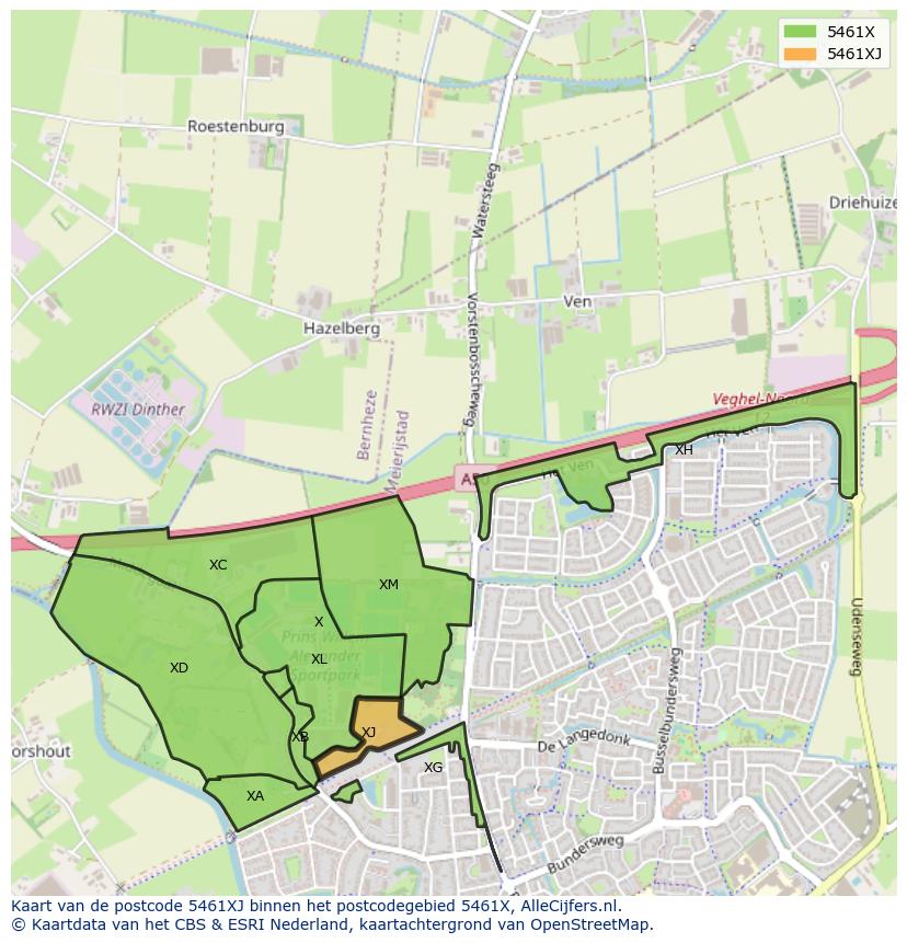 Afbeelding van het postcodegebied 5461 XJ op de kaart.