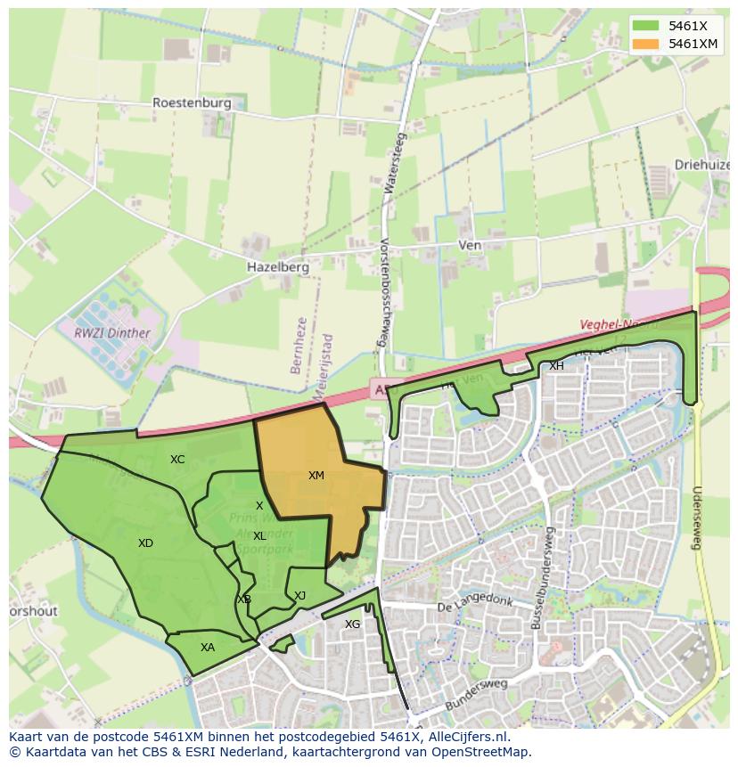 Afbeelding van het postcodegebied 5461 XM op de kaart.