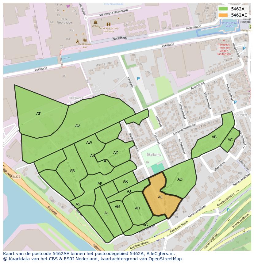 Afbeelding van het postcodegebied 5462 AE op de kaart.