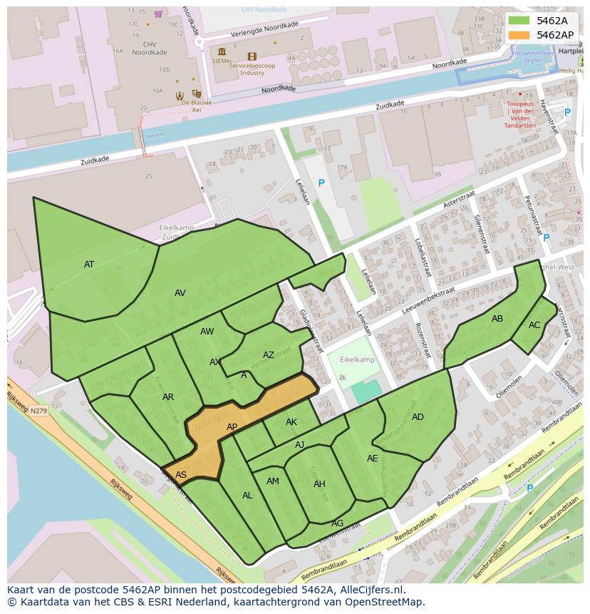 Afbeelding van het postcodegebied 5462 AP op de kaart.