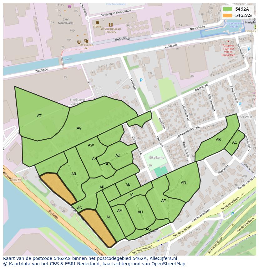 Afbeelding van het postcodegebied 5462 AS op de kaart.