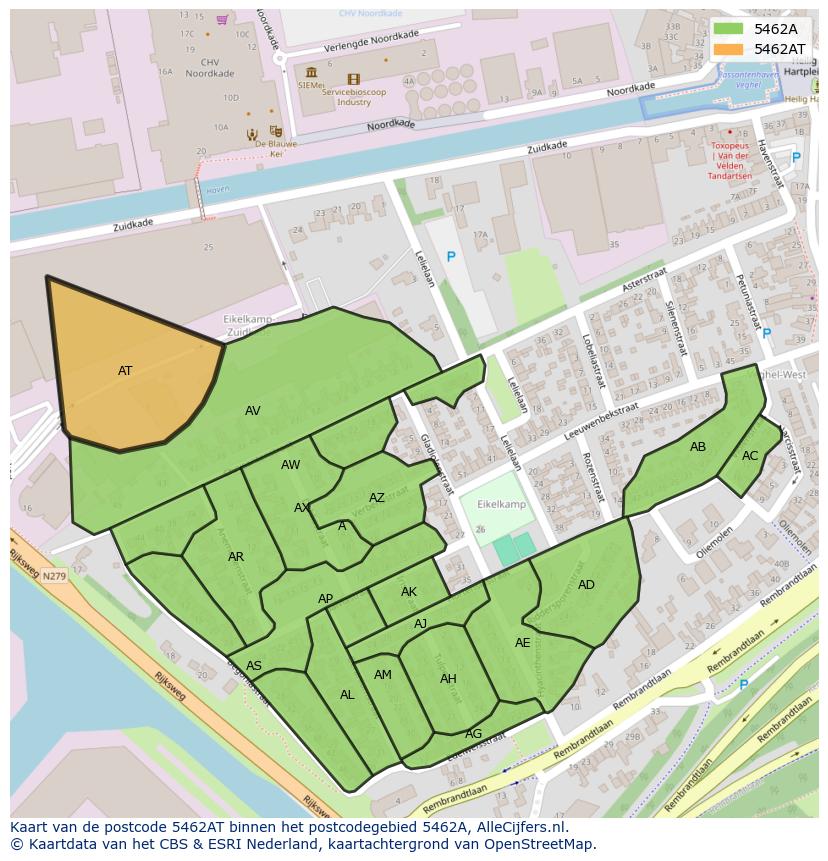 Afbeelding van het postcodegebied 5462 AT op de kaart.