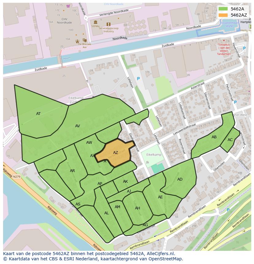 Afbeelding van het postcodegebied 5462 AZ op de kaart.