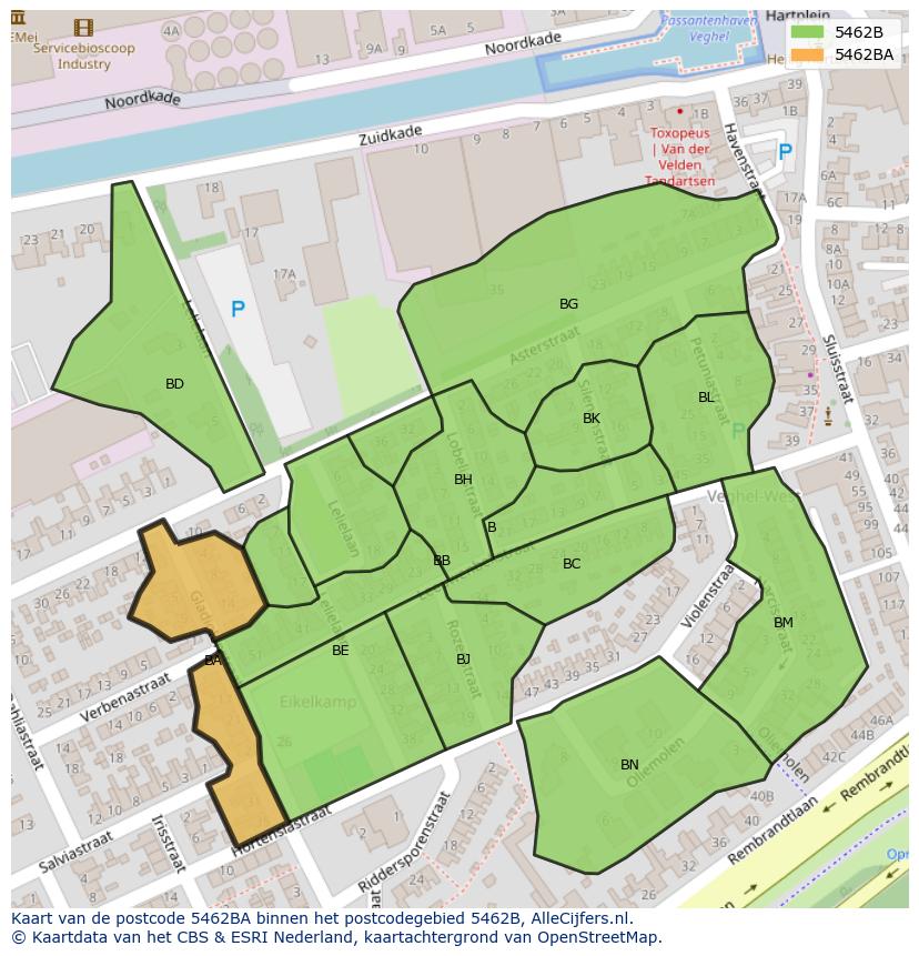 Afbeelding van het postcodegebied 5462 BA op de kaart.