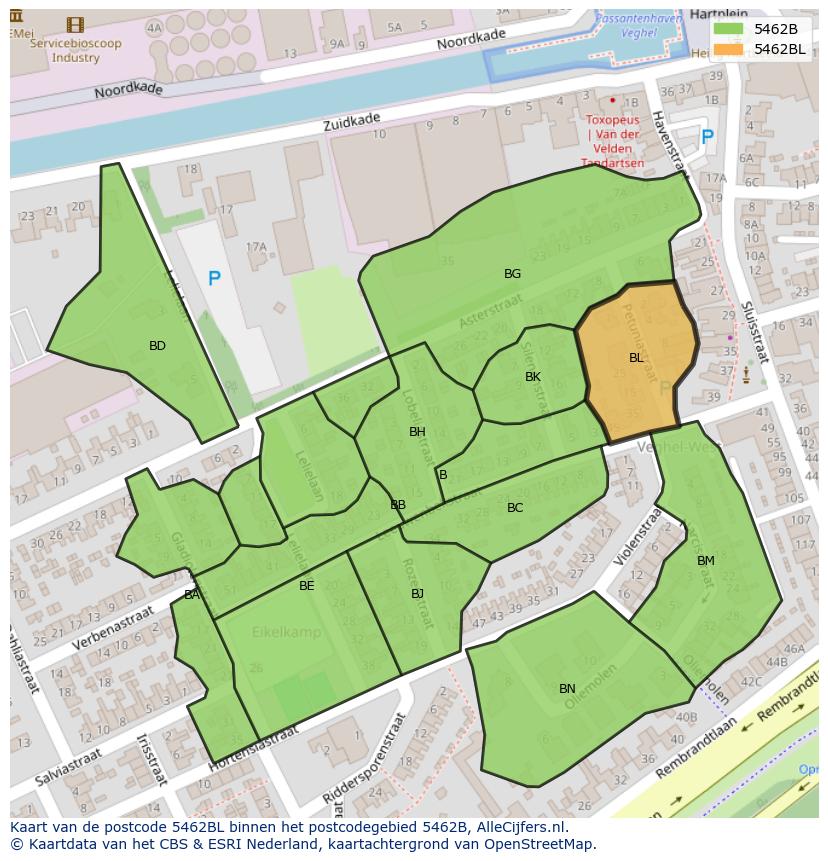 Afbeelding van het postcodegebied 5462 BL op de kaart.