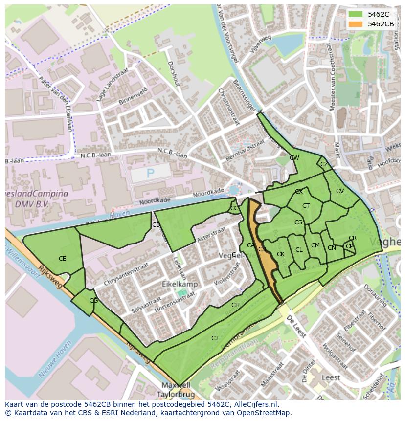 Afbeelding van het postcodegebied 5462 CB op de kaart.