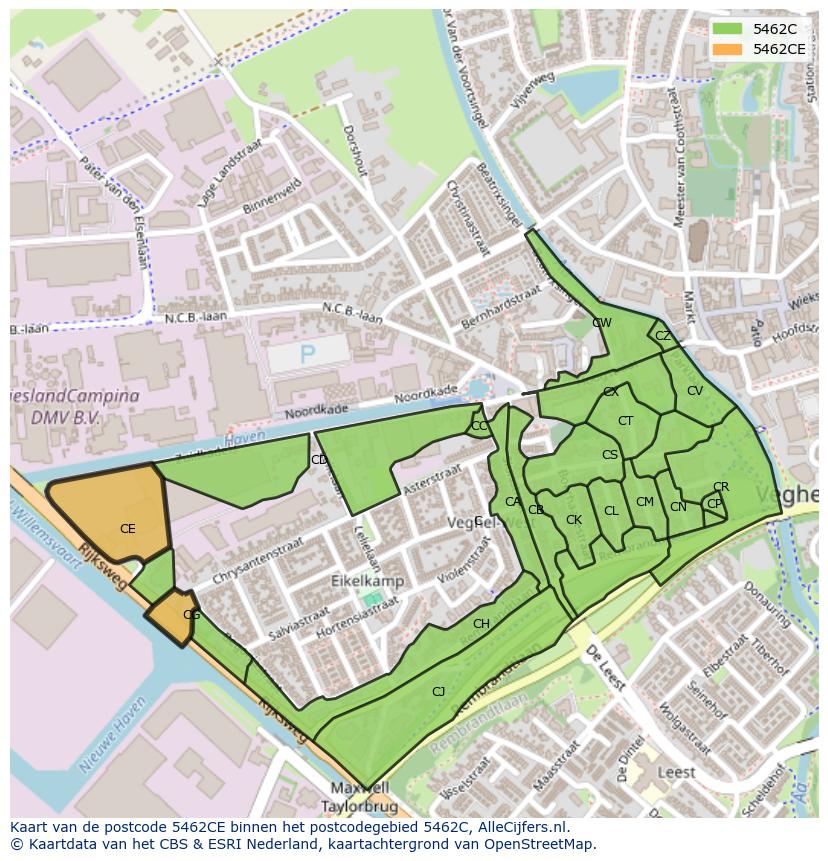 Afbeelding van het postcodegebied 5462 CE op de kaart.