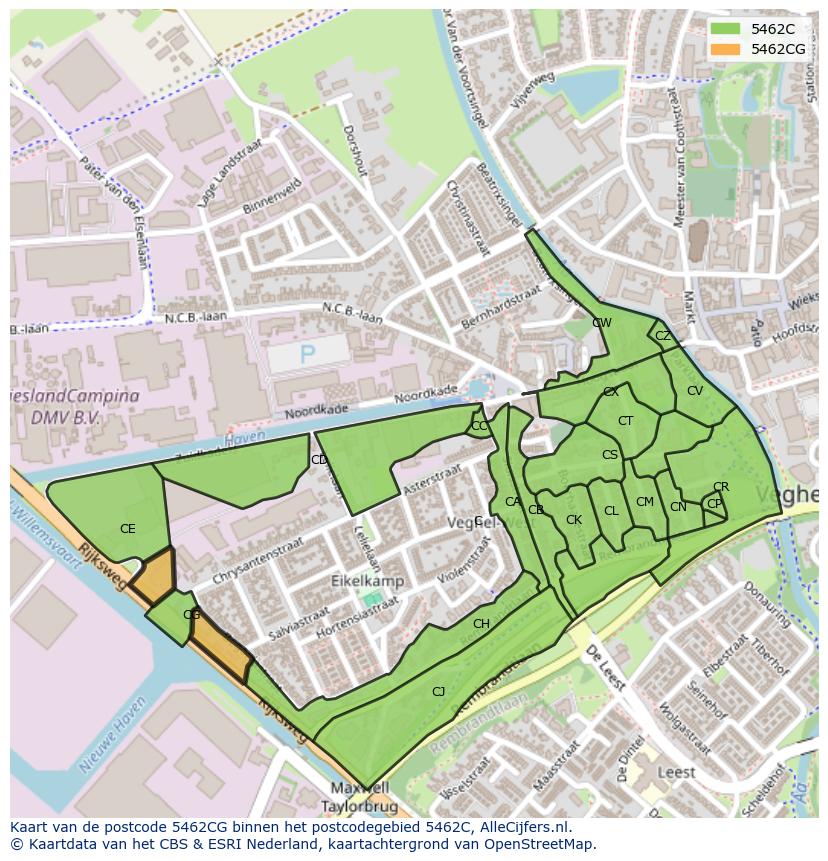 Afbeelding van het postcodegebied 5462 CG op de kaart.
