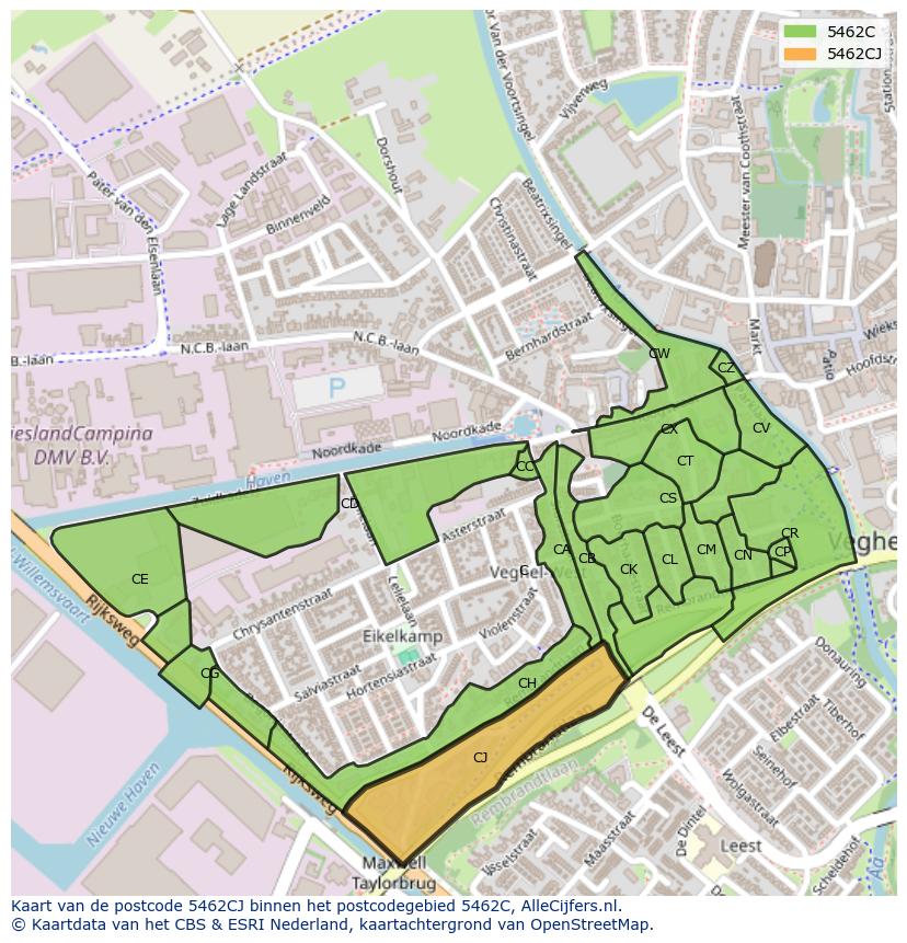 Afbeelding van het postcodegebied 5462 CJ op de kaart.