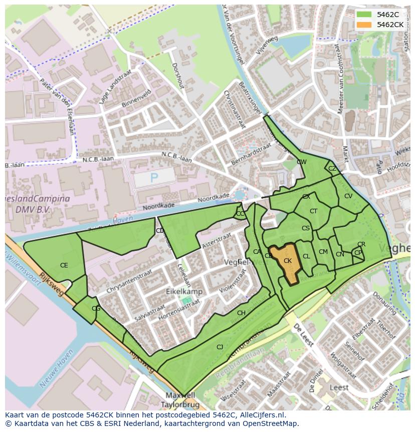 Afbeelding van het postcodegebied 5462 CK op de kaart.