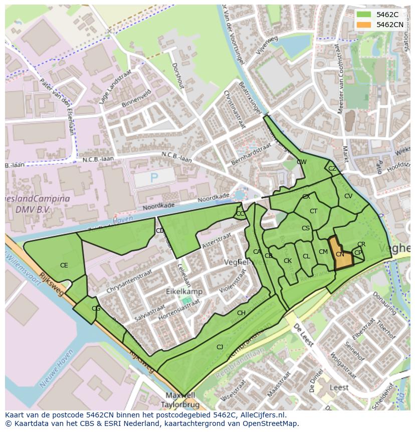 Afbeelding van het postcodegebied 5462 CN op de kaart.