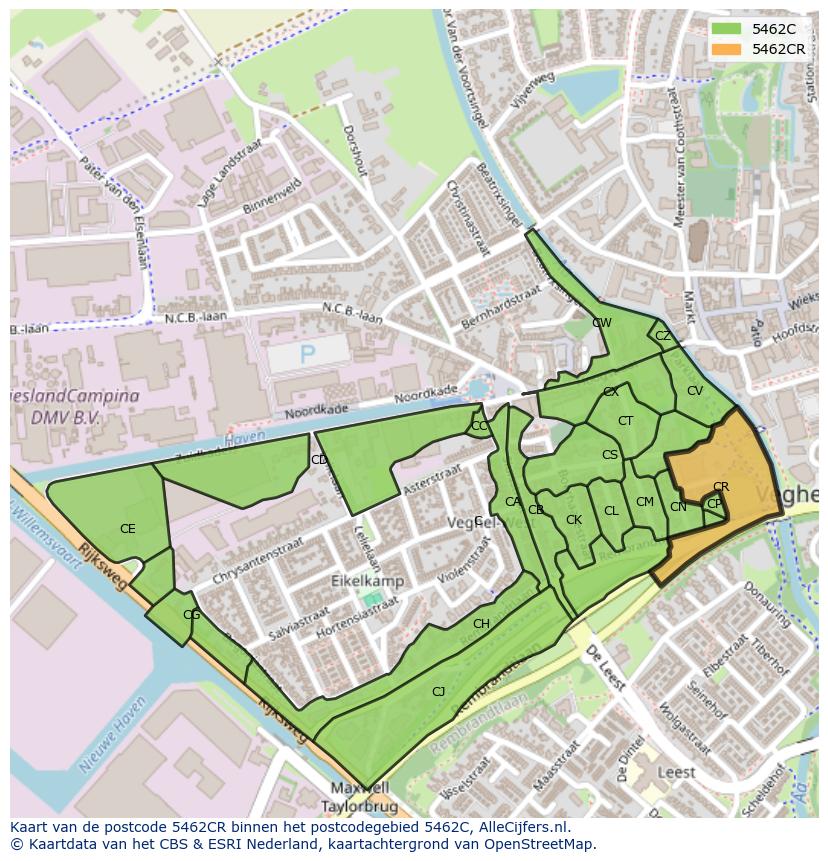 Afbeelding van het postcodegebied 5462 CR op de kaart.