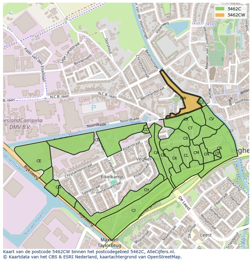 Afbeelding van het postcodegebied 5462 CW op de kaart.