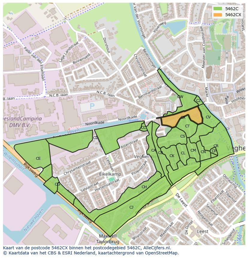 Afbeelding van het postcodegebied 5462 CX op de kaart.