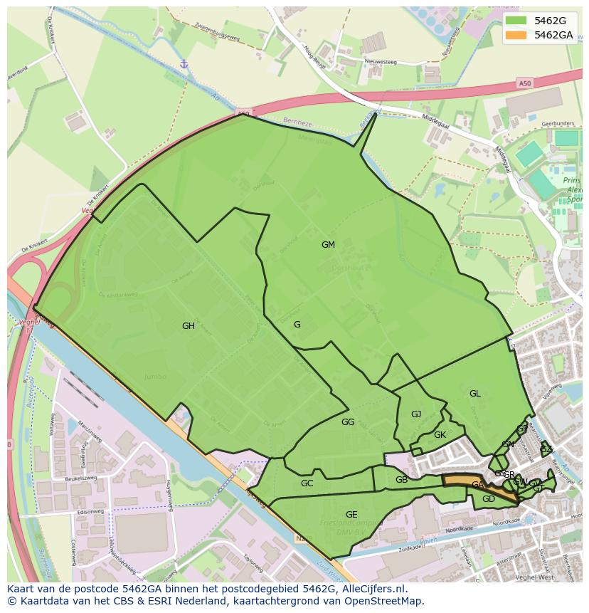 Afbeelding van het postcodegebied 5462 GA op de kaart.