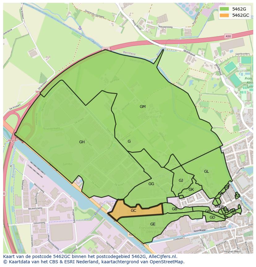 Afbeelding van het postcodegebied 5462 GC op de kaart.