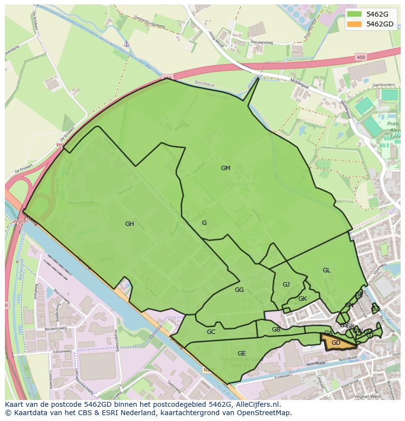 Afbeelding van het postcodegebied 5462 GD op de kaart.