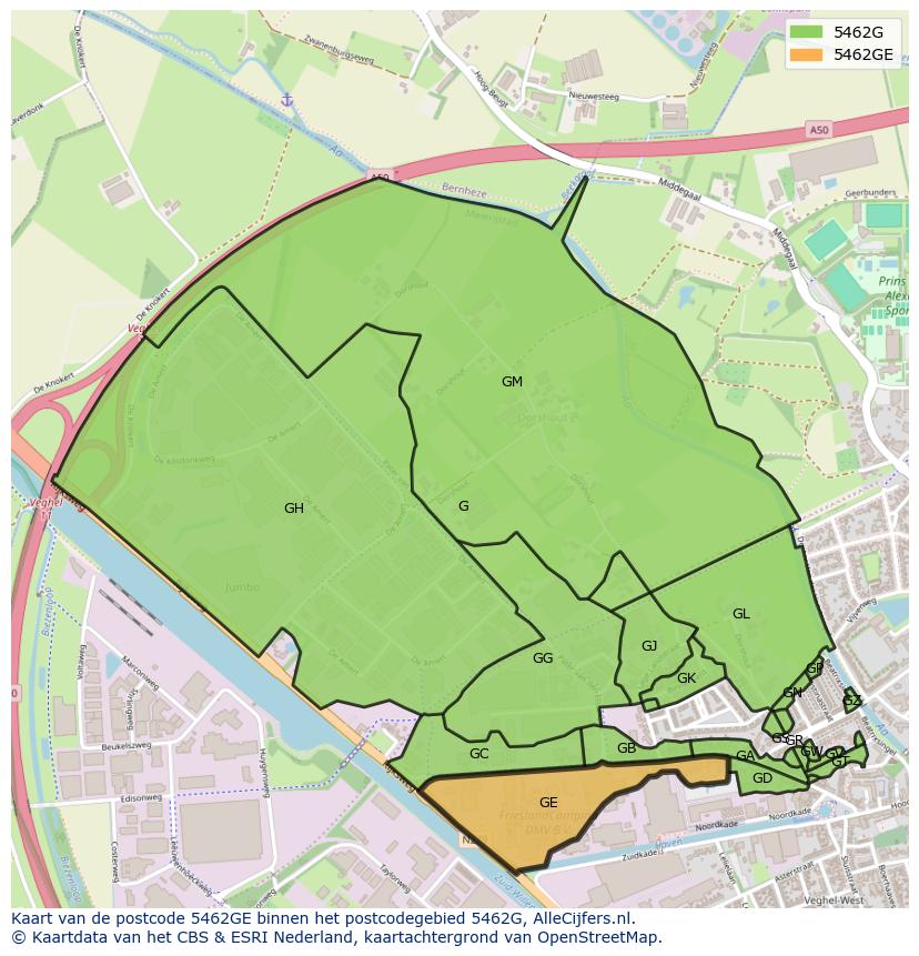 Afbeelding van het postcodegebied 5462 GE op de kaart.