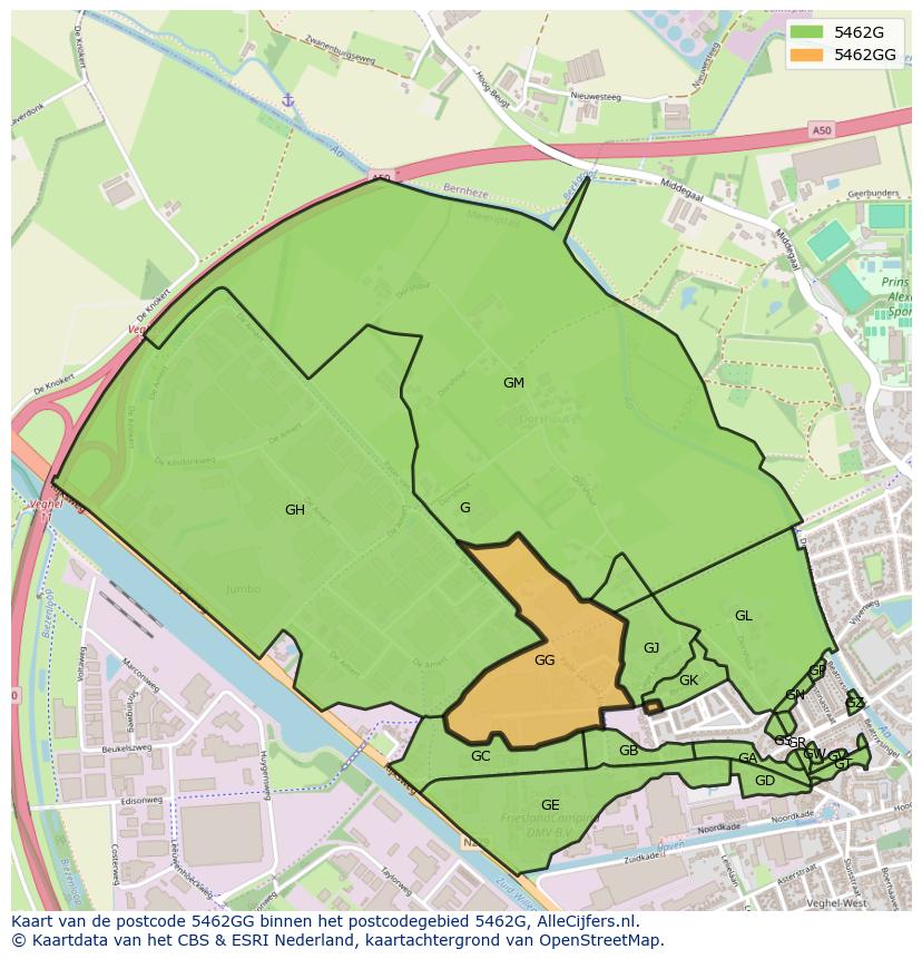 Afbeelding van het postcodegebied 5462 GG op de kaart.