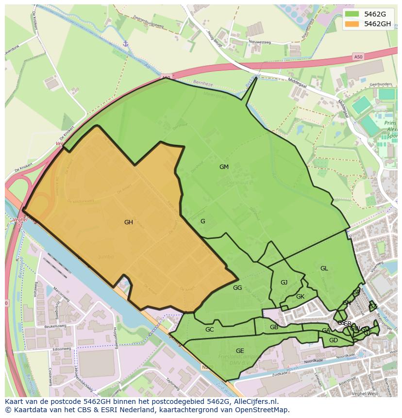 Afbeelding van het postcodegebied 5462 GH op de kaart.