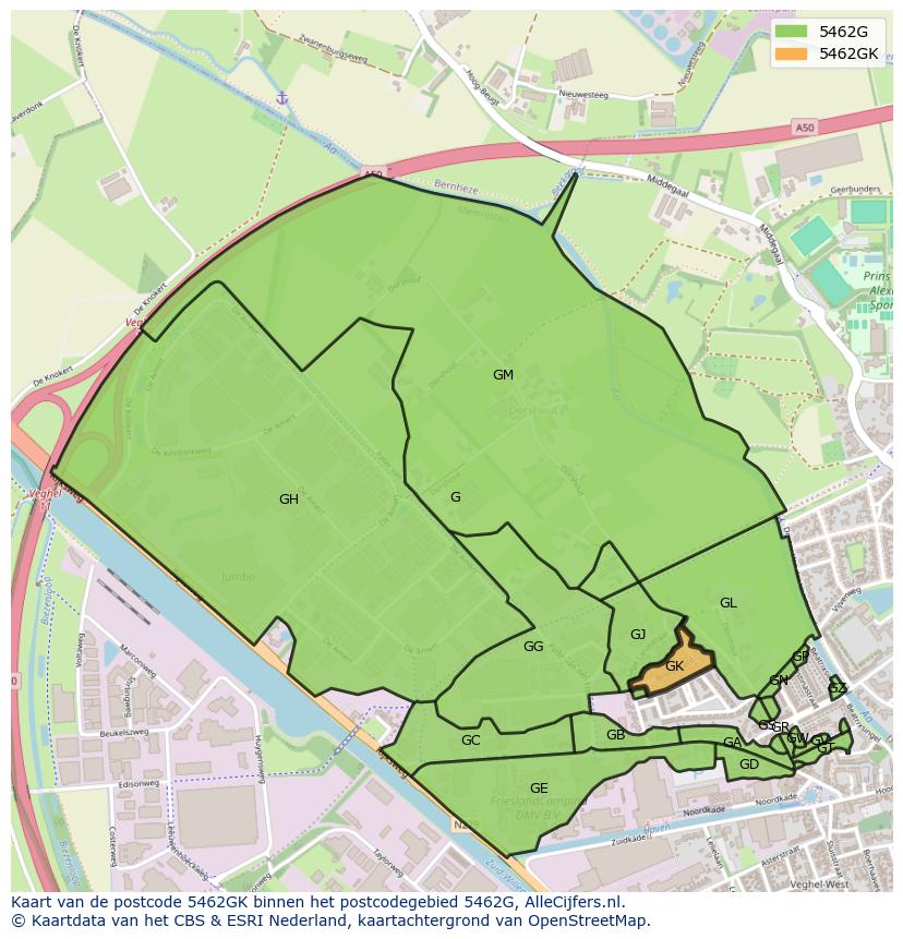 Afbeelding van het postcodegebied 5462 GK op de kaart.