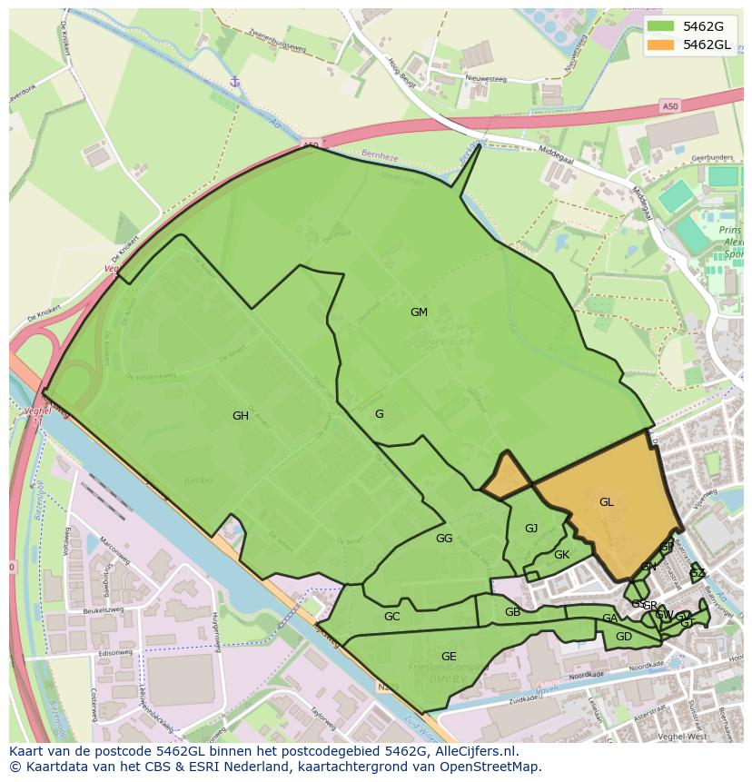 Afbeelding van het postcodegebied 5462 GL op de kaart.
