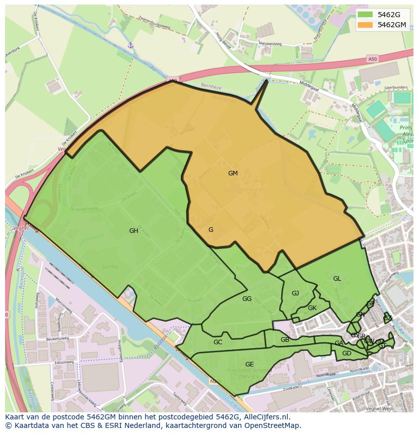 Afbeelding van het postcodegebied 5462 GM op de kaart.