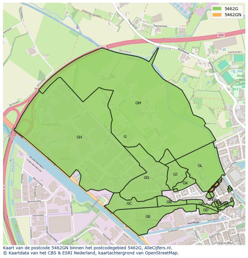Afbeelding van het postcodegebied 5462 GN op de kaart.