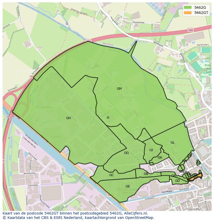 Afbeelding van het postcodegebied 5462 GT op de kaart.