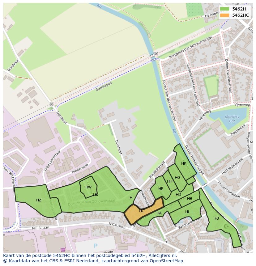 Afbeelding van het postcodegebied 5462 HC op de kaart.