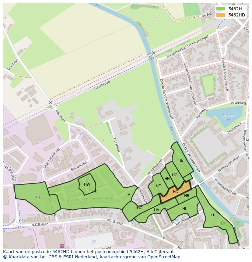 Afbeelding van het postcodegebied 5462 HD op de kaart.