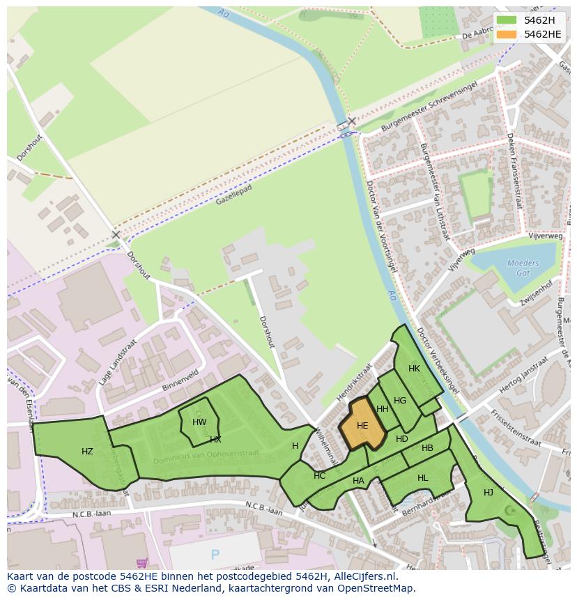 Afbeelding van het postcodegebied 5462 HE op de kaart.