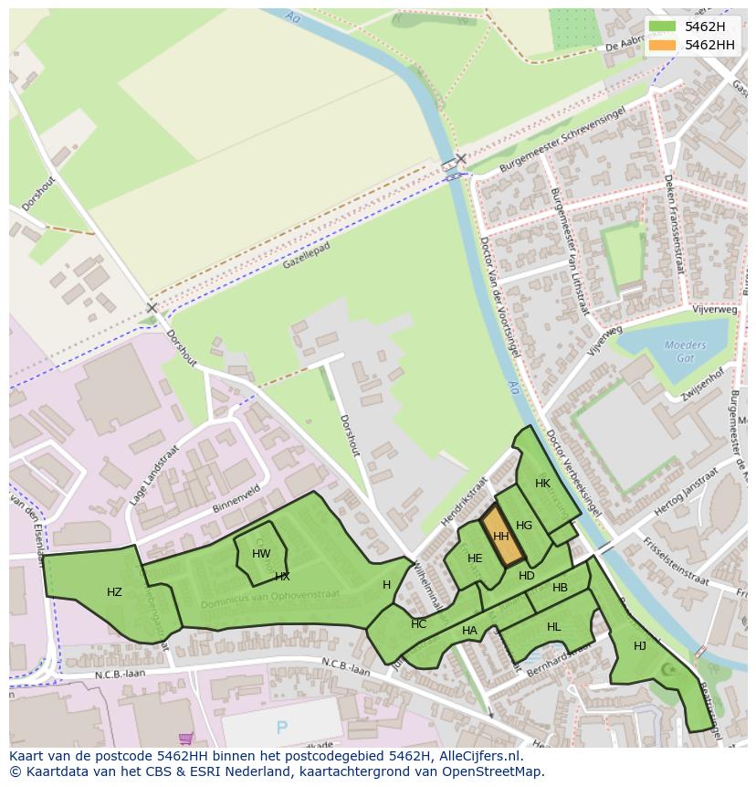 Afbeelding van het postcodegebied 5462 HH op de kaart.