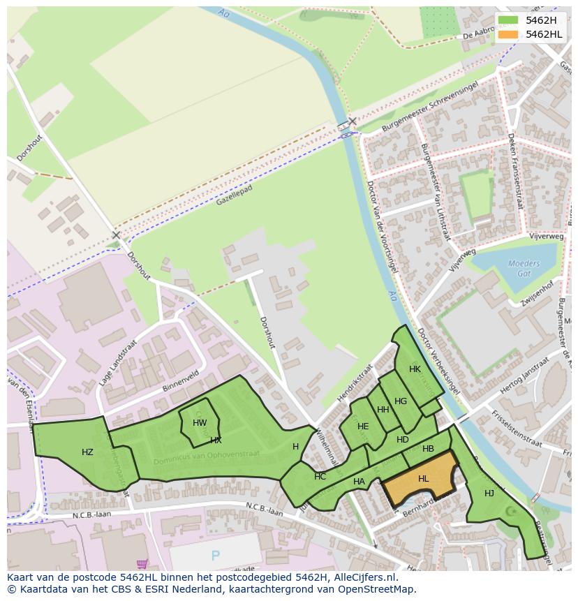 Afbeelding van het postcodegebied 5462 HL op de kaart.
