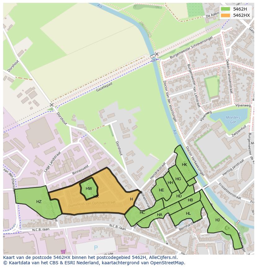 Afbeelding van het postcodegebied 5462 HX op de kaart.